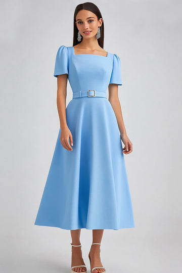 A Line Sky Blue Square Neck Midi Dress with Belt
